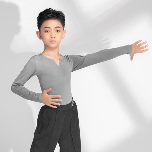Boy youth Gray black Latin dance shirts for children kids latin ballroom dancing tops long-sleeved training clothes stage performance shirt for boy